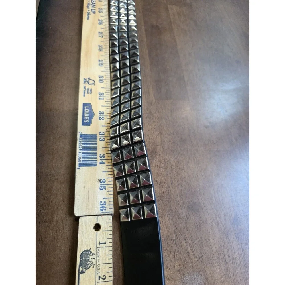 Y2K 3-Row Silver Pyramid Studded Black Faux Leather Belt Punk Emo Size L